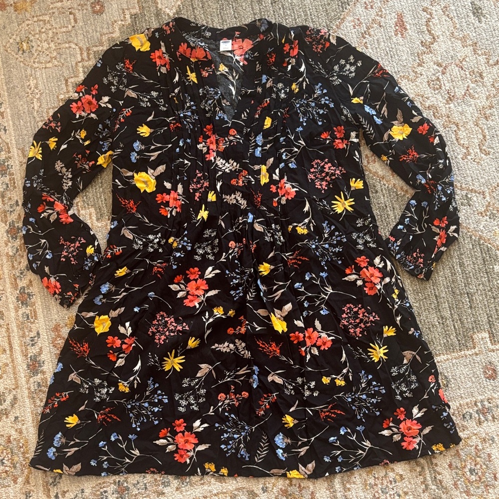 Old Navy Black Long Sleeve Floral Tiered Dress with Red, Yellow & Blue Blooms